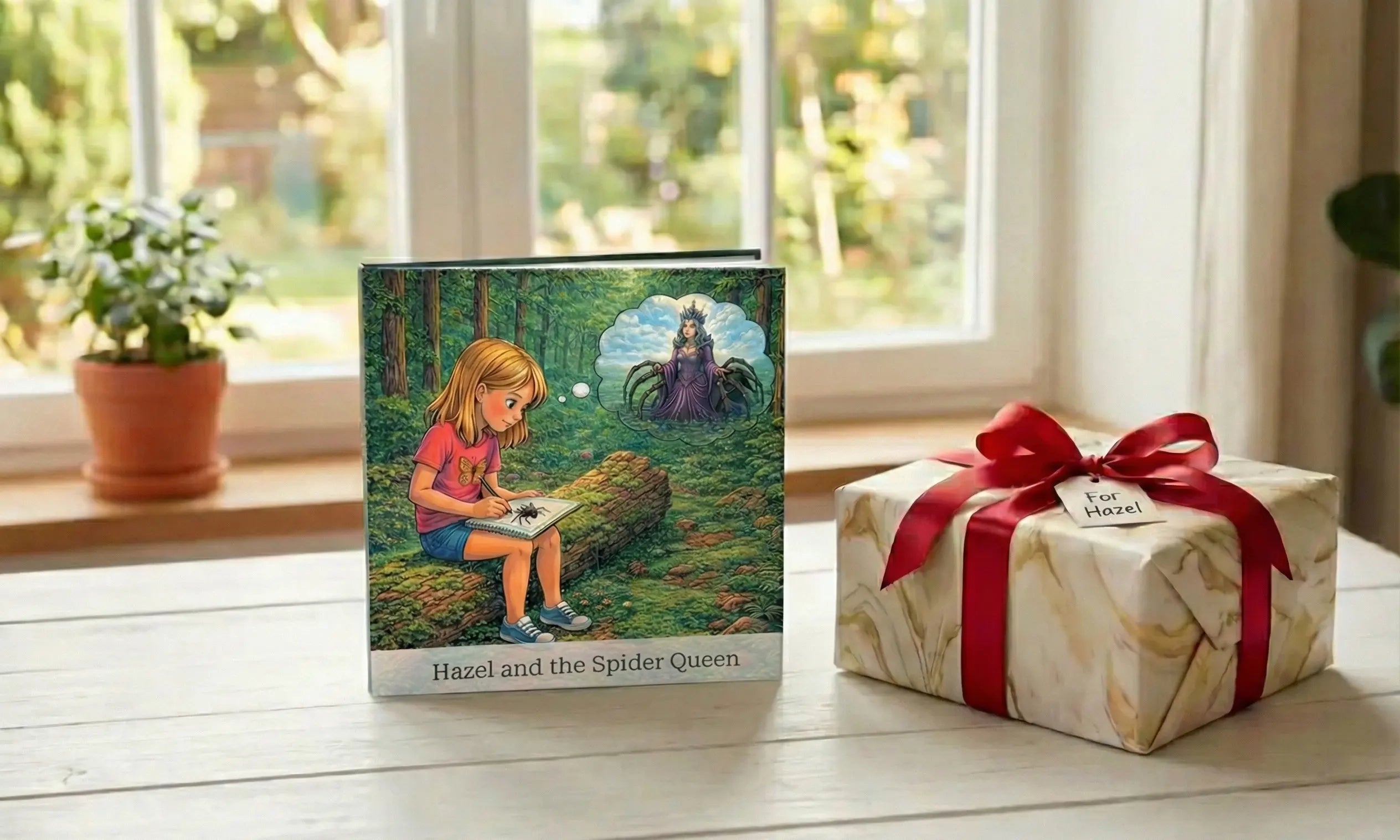 Best customized gifts for kids featuring personalized storybook with child as main character next to wrapped present