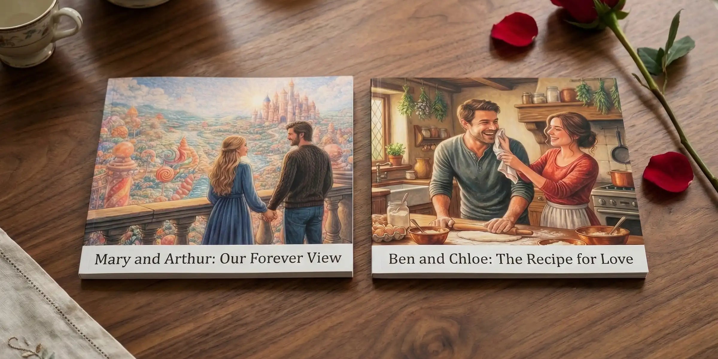 Personalized storybooks showing a couple’s love story with custom illustrations