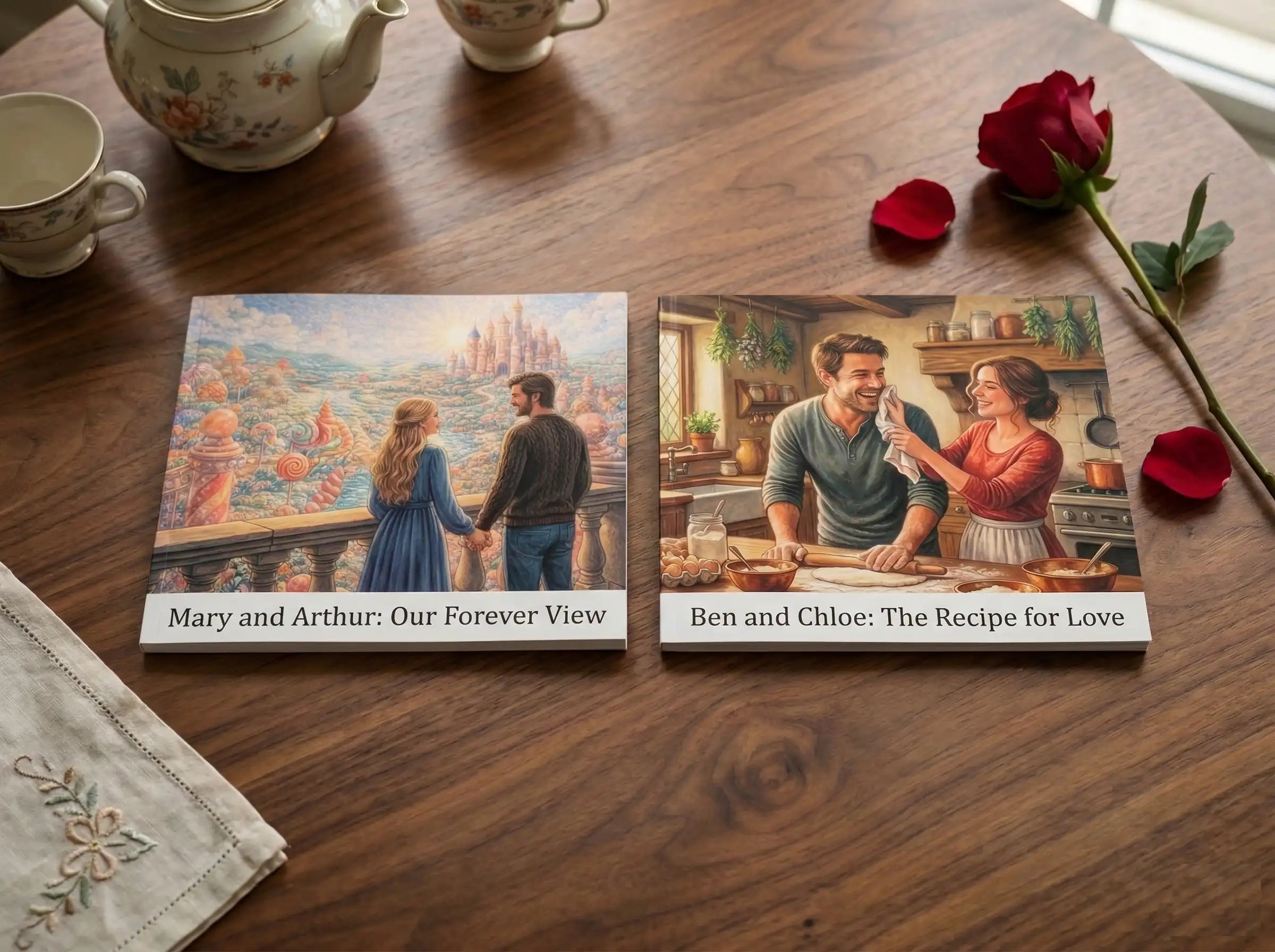 Personalized storybooks showing a couple’s love story with custom illustrations