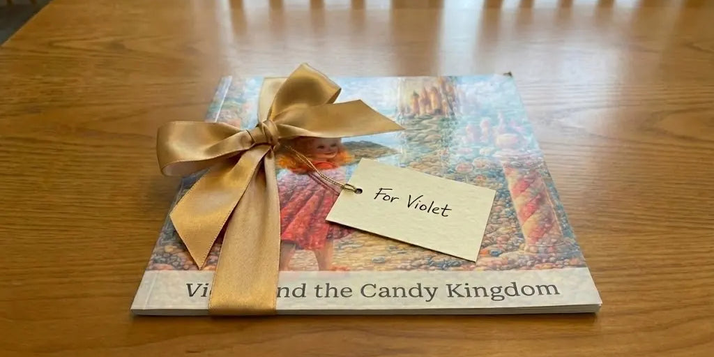 Child's excited reaction receiving personalized storybook as best personalized birthday gift for kids with balloons and celebration