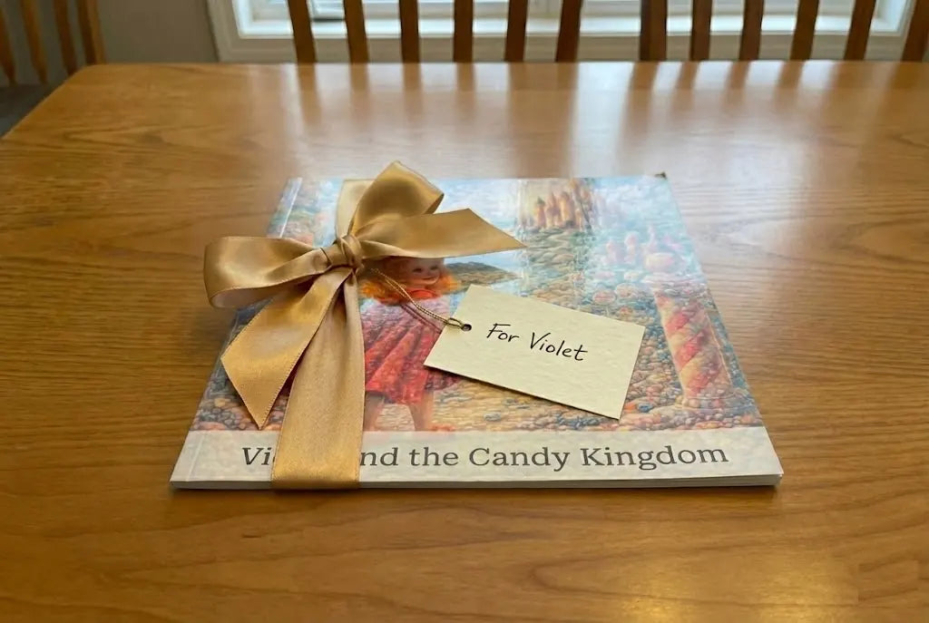 Child's excited reaction receiving personalized storybook as best personalized birthday gift for kids with balloons and celebration