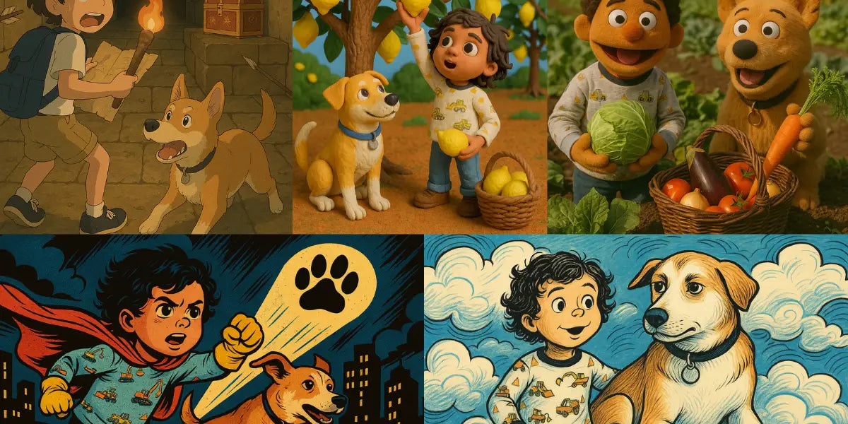 Comparison of five personalized storybook illustration styles: anime, comic book, claymation, retro, and puppet formats"