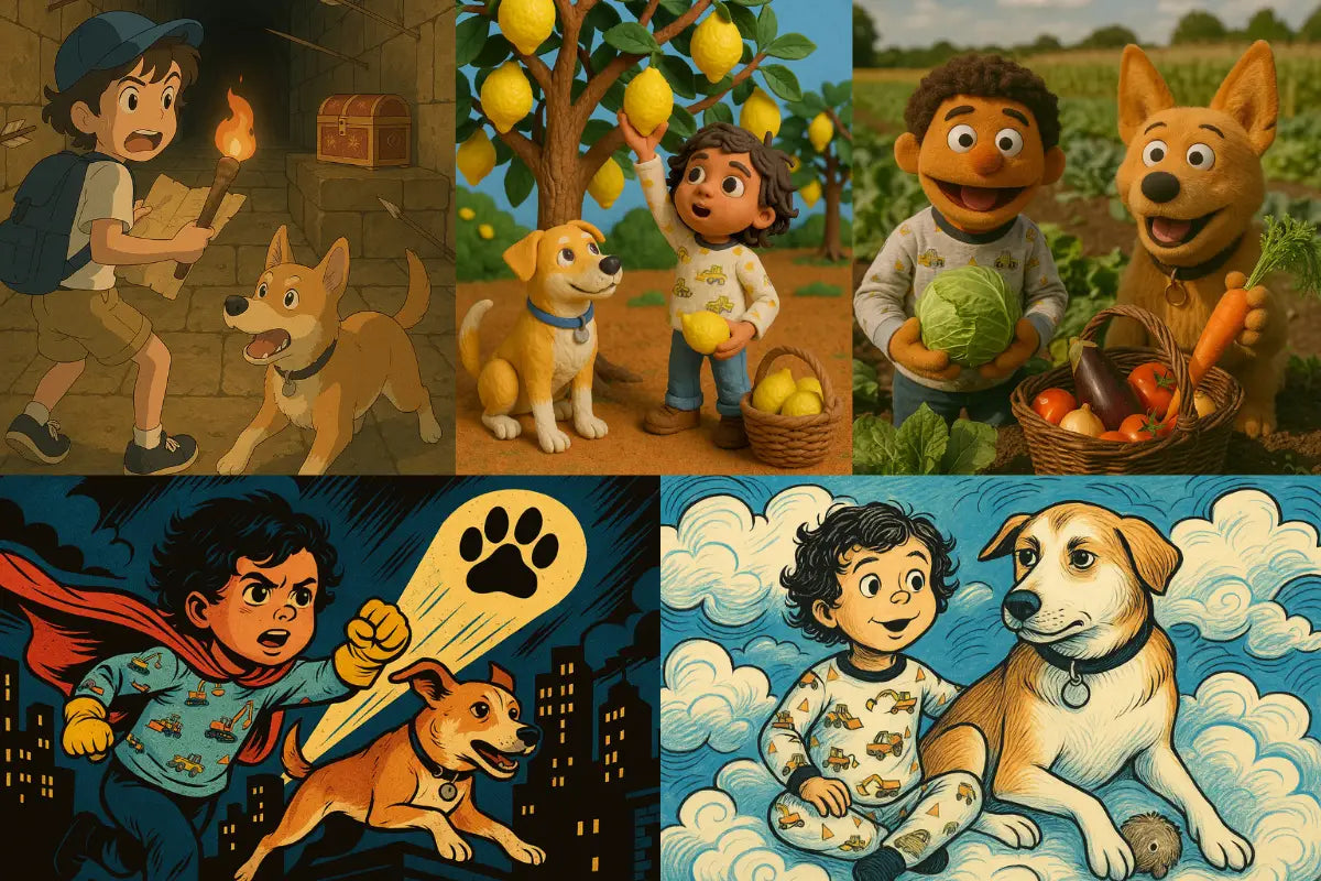 Comparison of five personalized storybook illustration styles: anime, comic book, claymation, retro, and puppet formats"
