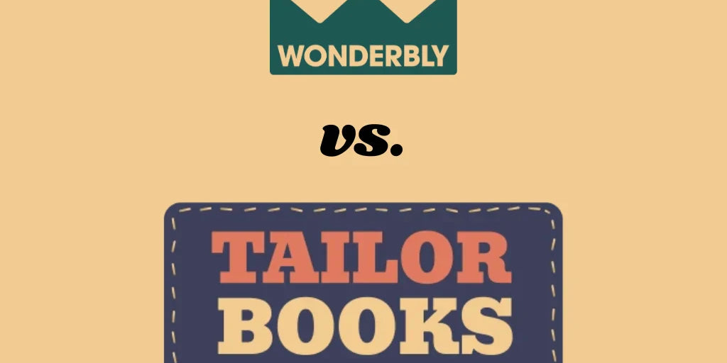 Wonderbly vs TailorBooks personalized books comparison showing traditional and AI-generated options side by side