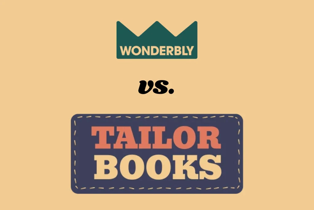 Wonderbly vs TailorBooks personalized books comparison showing traditional and AI-generated options side by side